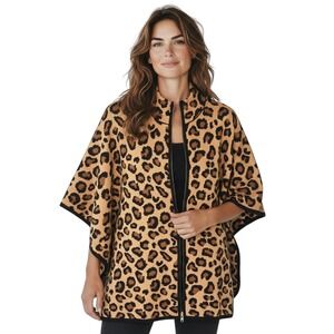 Tahari‎ Leopard Print Knit Zip Front Cape Poncho Jacket S/M